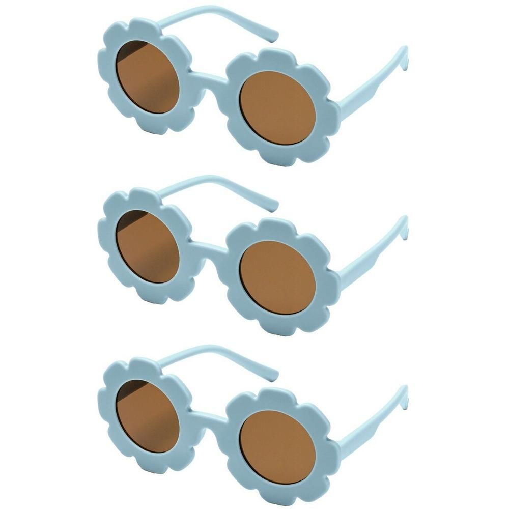 Trois paires de lunettes de soleil bleues pour enfants en forme de fleur.