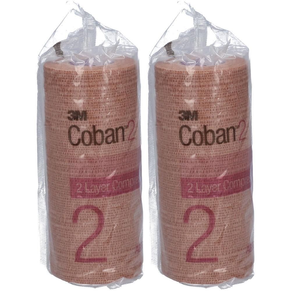 Deux rouleaux de bande de compression 3M Coban 2, 2 couches, couleur chair.