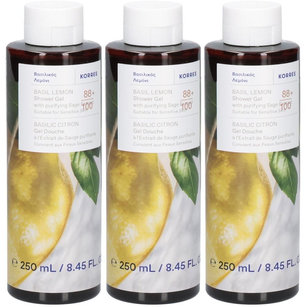 Drie flessen Korres Basilicum Citroen Douchegel, elk 250ml.