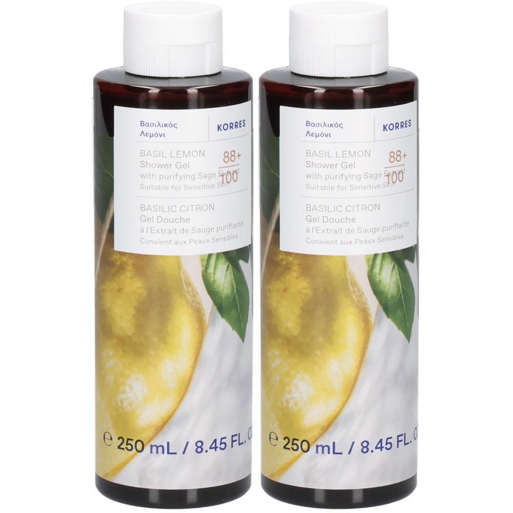 Twee flessen Korres Basilicum Citroen Douchegel, elk 250 ml.