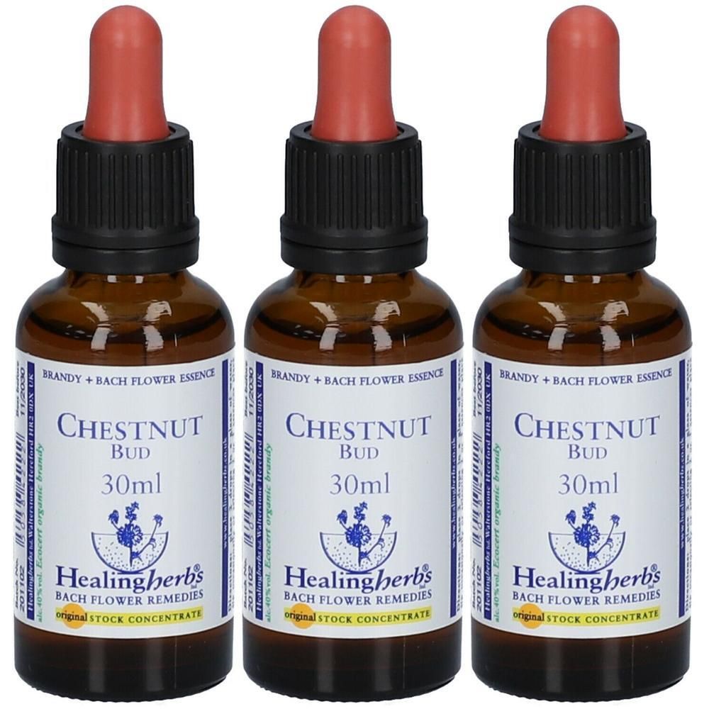 Trois flacons Healing Herbs Chestnut Bud, 30ml chacun, avec compte-gouttes.
