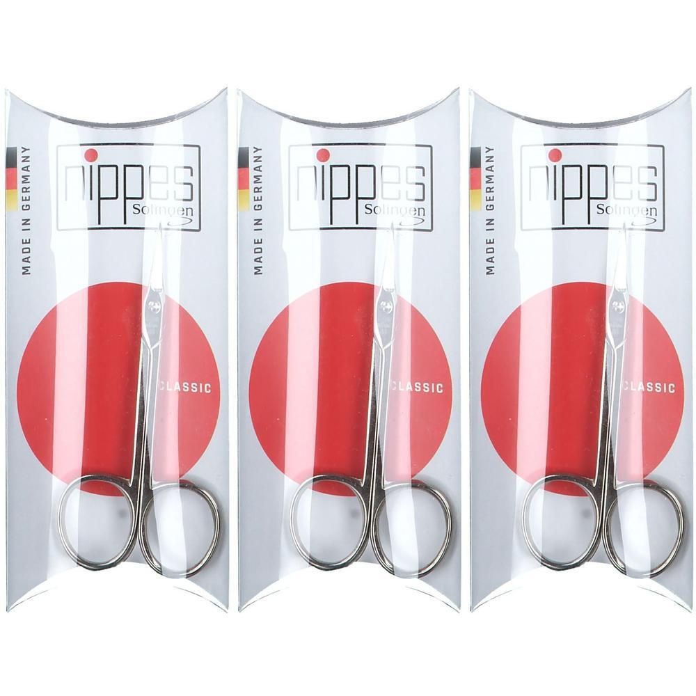 Drie pakken metalen nagelriemschaartjes, elk met een rode cirkel en "Nippes Classic" opdruk.
