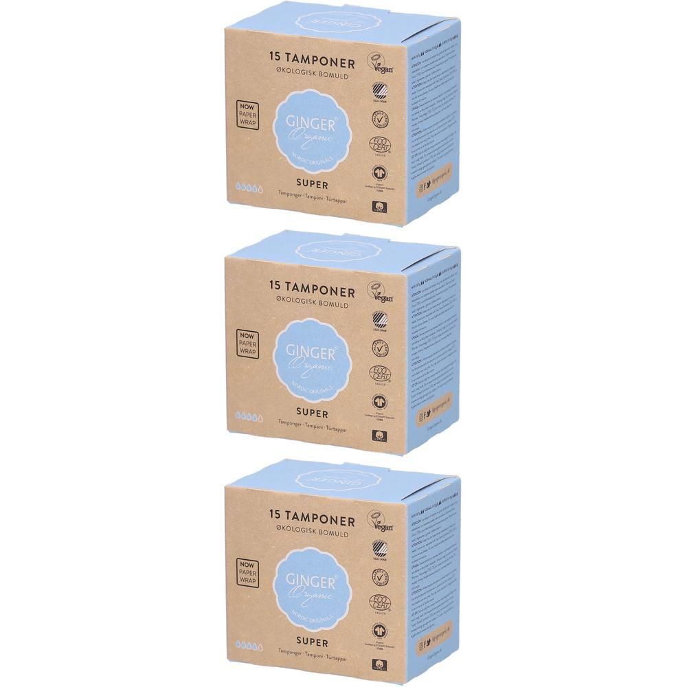 Drie pakken Ginger Organic Tampons Super, 15 tampons per pak.