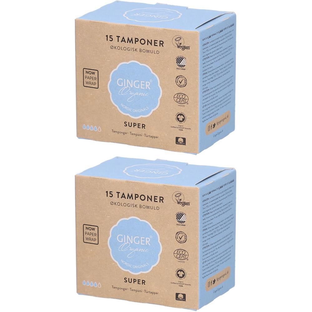 Twee pakken Ginger Organic Tampons Super, 15 stuks per pak. Ecologisch en vegan.