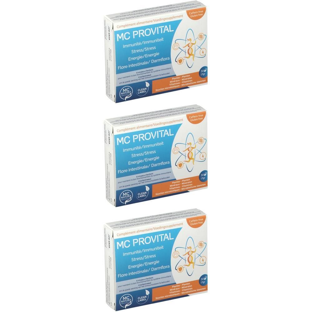 Drie verpakkingen MC PROVITAL voedingssupplementen met informatie over immuniteit, stress en energie.