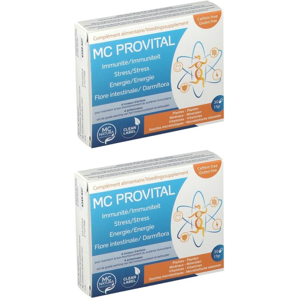 Twee dozen MC PROVITAL voedingssupplementen. Informatie over immuniteit, stress, energie en darmflora.