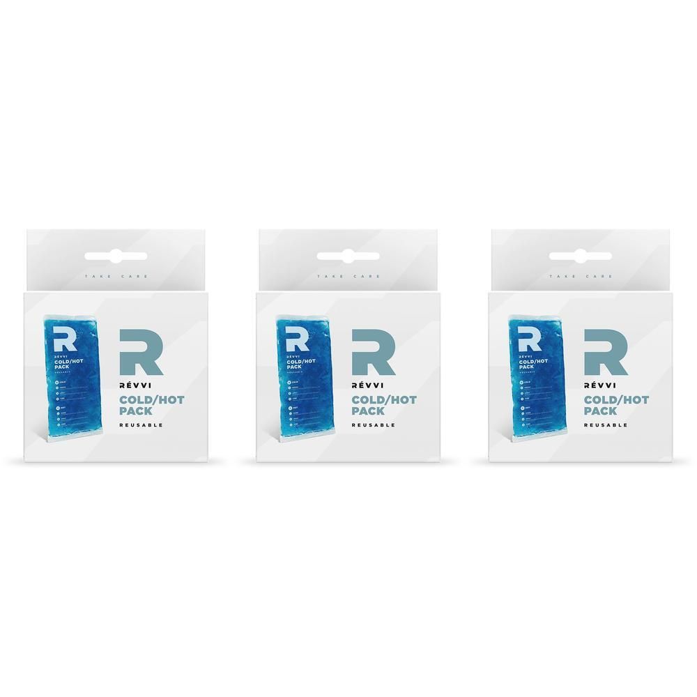 Trois paquets d'une compresse bleue froide/chaude avec logo R et texte.