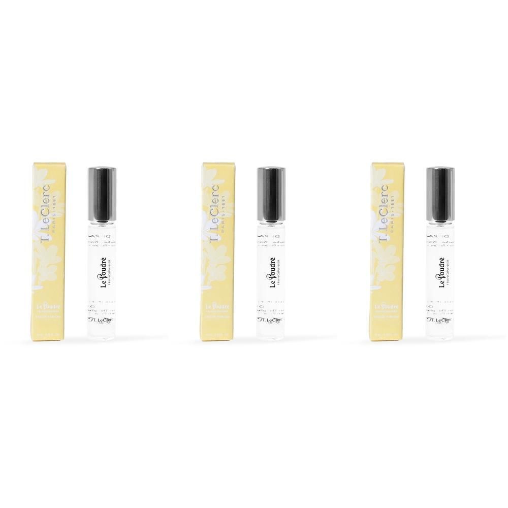 Trois flacons vaporisateurs T. LeClerc Parfum Le Poudré Frangipanier avec leur boîte.