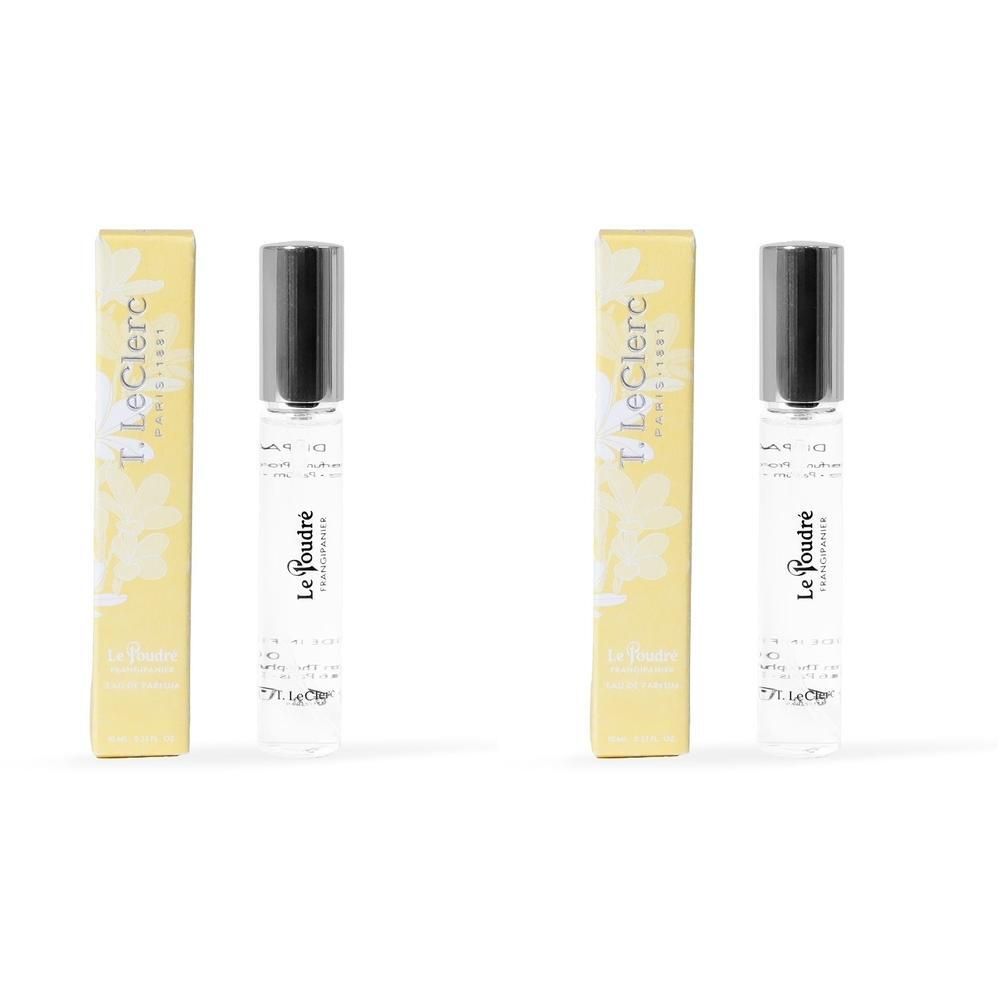 Deux flacons vaporisateurs T. LeClerc Parfum Le Poudré Frangipanier avec emballage.