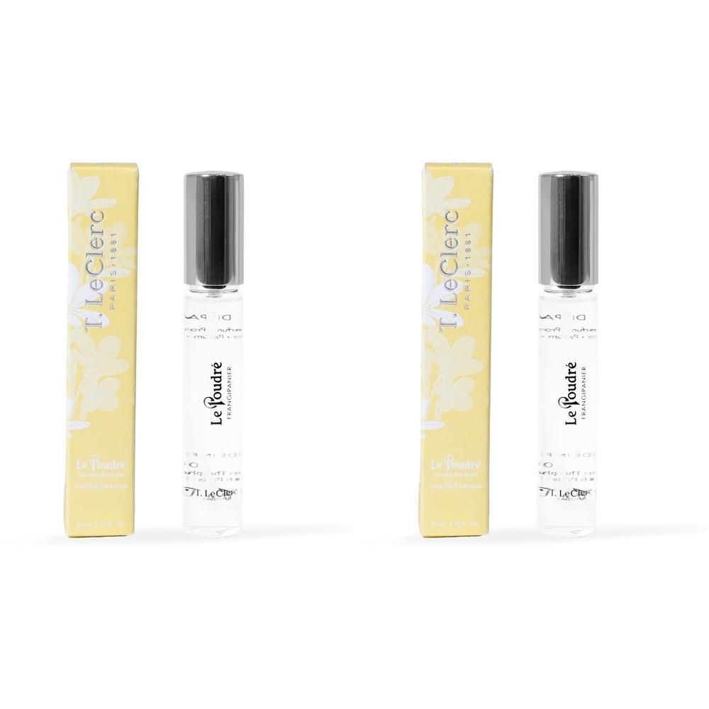 Twee T. LeClerc Parfum Le Poudré Frangipanier sprayflacons met verpakking.