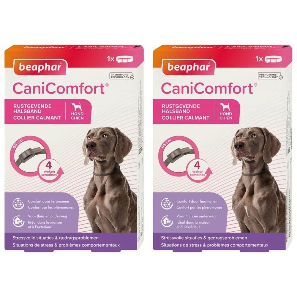 Twee verpakkingen Beaphar CaniComfort kalmerende hondenhalsband, 65 cm, voor 4 weken.