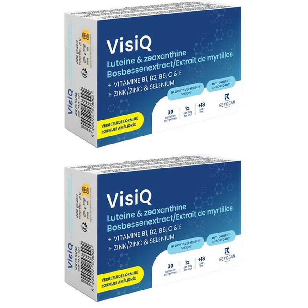 Twee pakken VisiQ Luteïne & Zéaxanthine met vitaminen en mineralen.