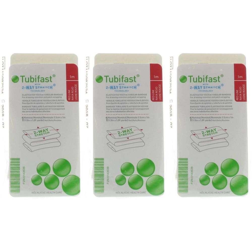 Drie rode Tubifast 2-Way Stretch verbanden, 3,5 cm x 1 m.