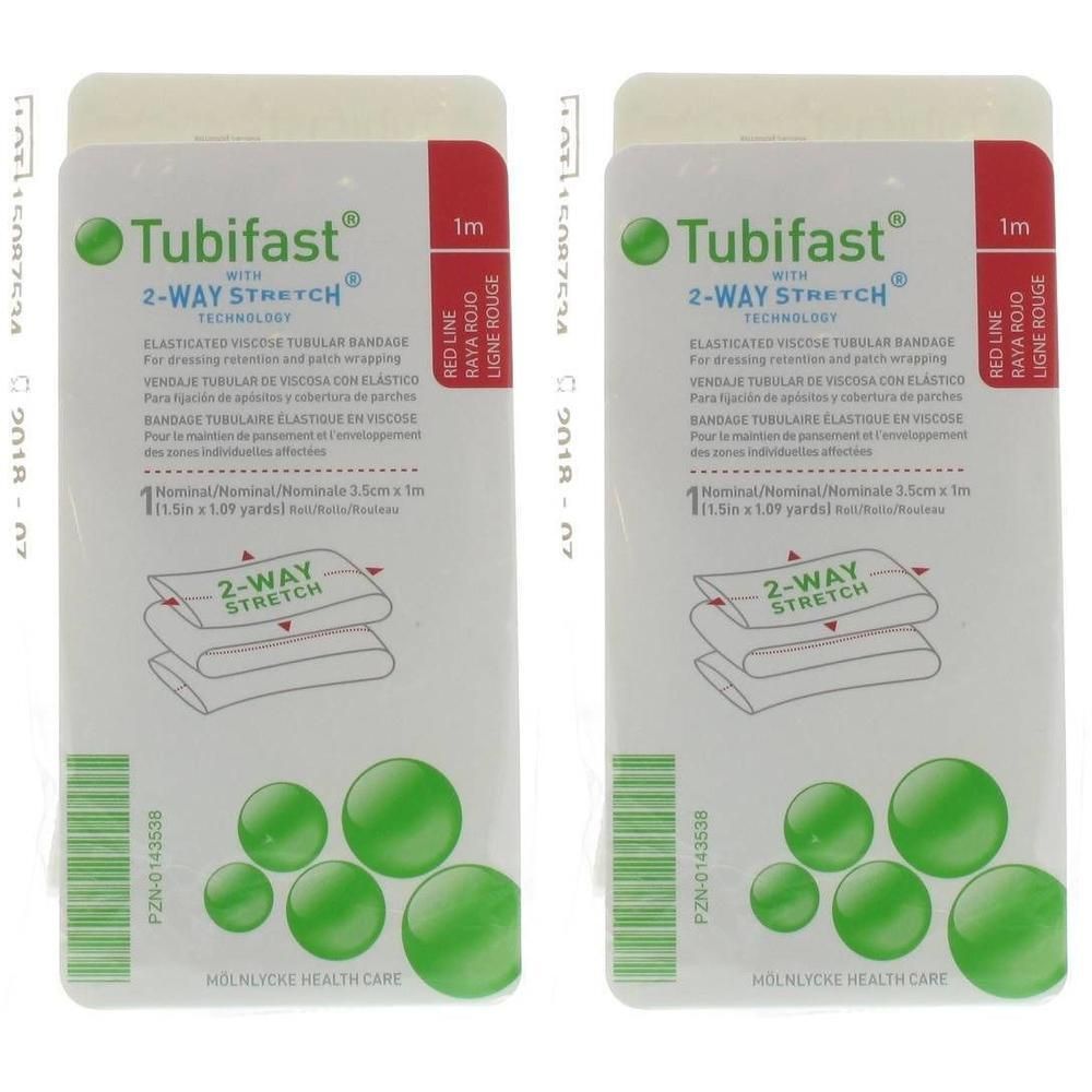 Deux paquets de bandage tubulaire élastique Tubifast 2-Way Stretch, rouge.