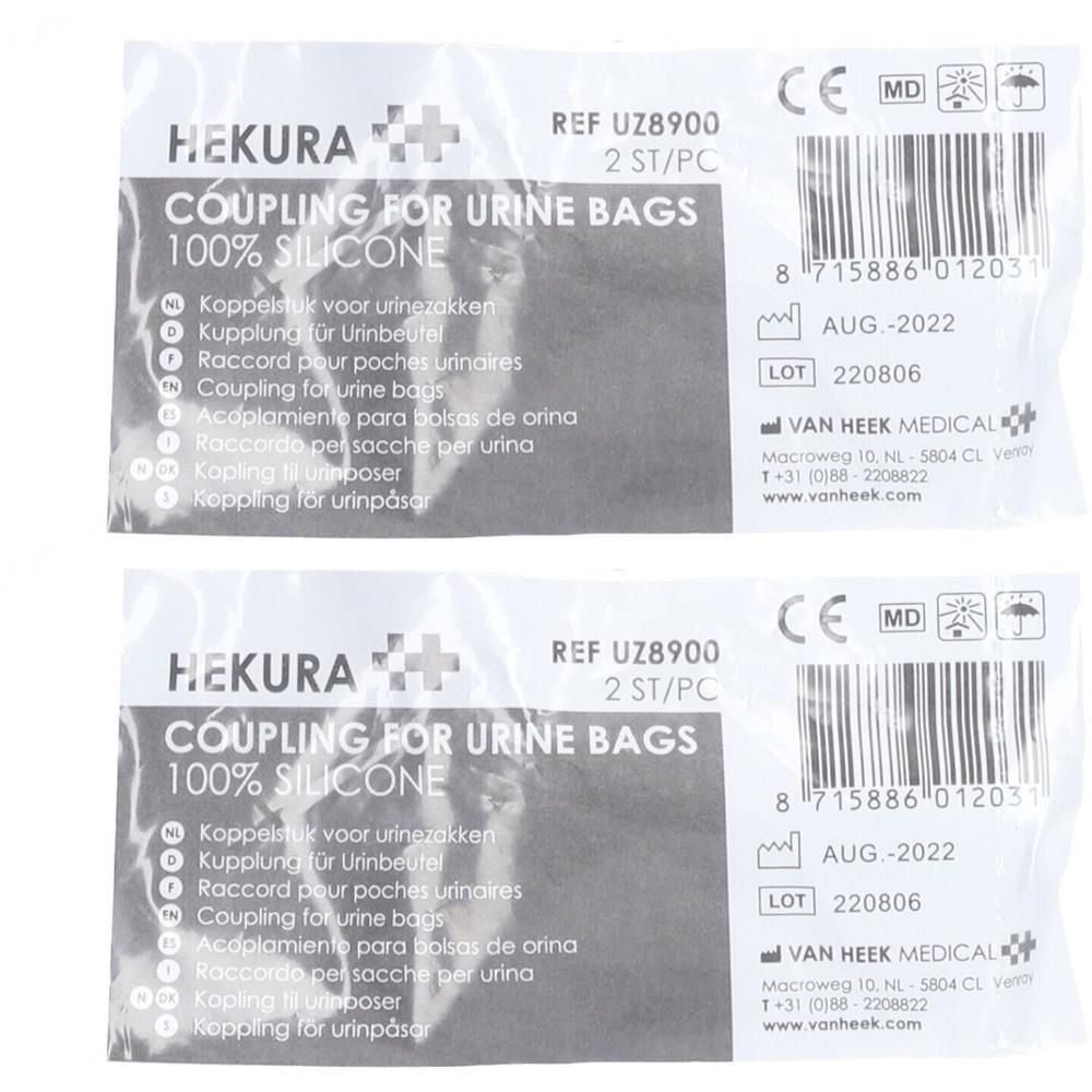 Deux raccords HEKURA pour poches urinaires, 100% silicone. REF UZ8900.