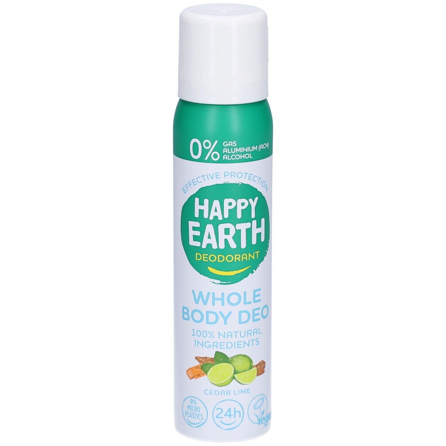 Happy Earth Deodorant voor het hele lichaam, ceder en limoen. 100% natuurlijke ingrediënten, 0% aluminiumzouten.