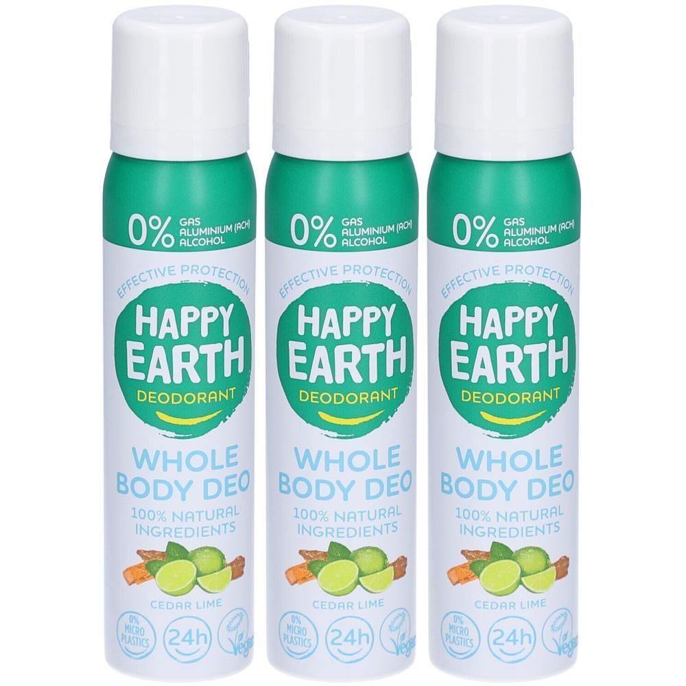 Drie bussen Happy Earth Body Deo Ceder & Limoen, 0% aluminium, 100% natuurlijke ingrediënten.