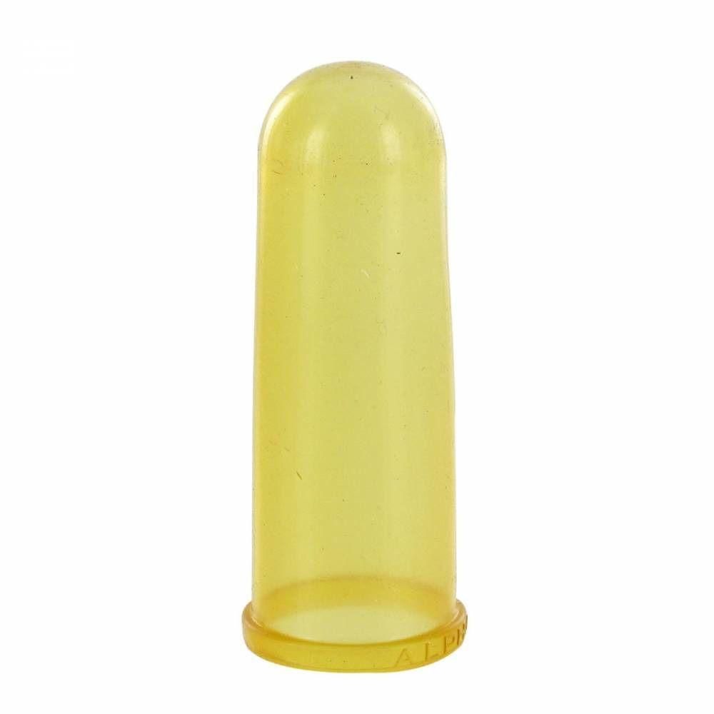 Doigtier en plastique jaune avec extrémité arrondie et bord côtelé.