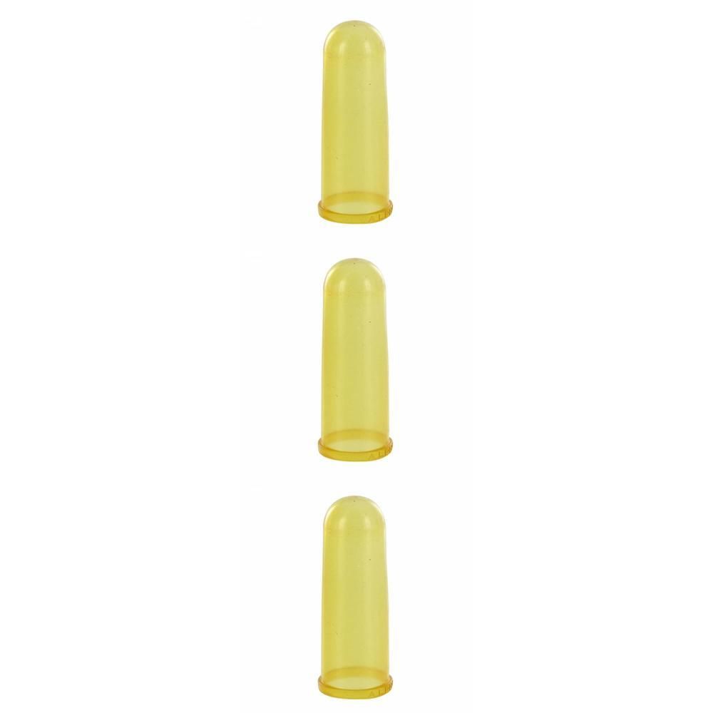 Trois capuchons de doigt jaunes en plastique, aux extrémités arrondies.