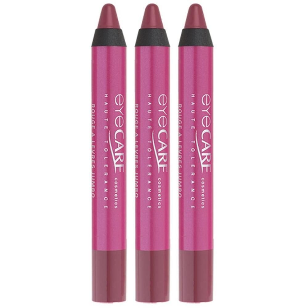 Drie roze jumbo lippenstiften met opschrift 'eye CARE cosmetics haute tolérance'.