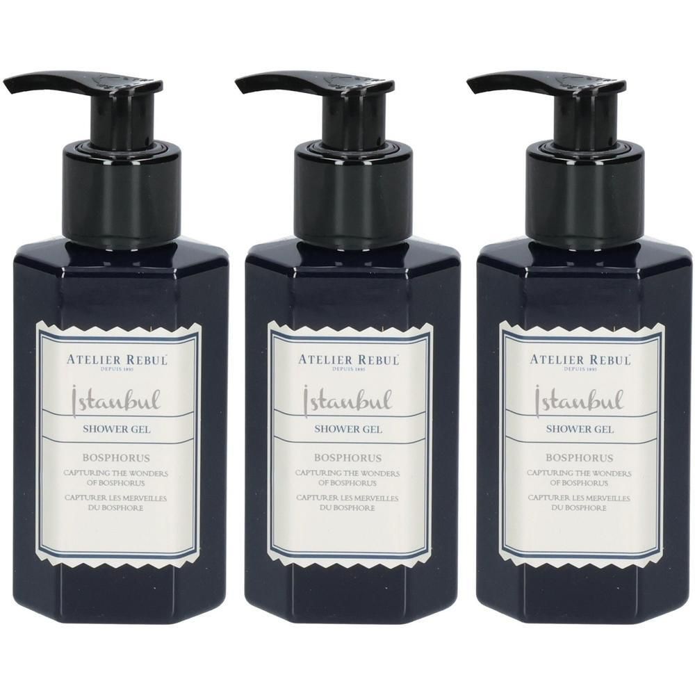 Trois flacons de gel douche Atelier Rebul Istanbul Bosphorus avec distributeurs à pompe.