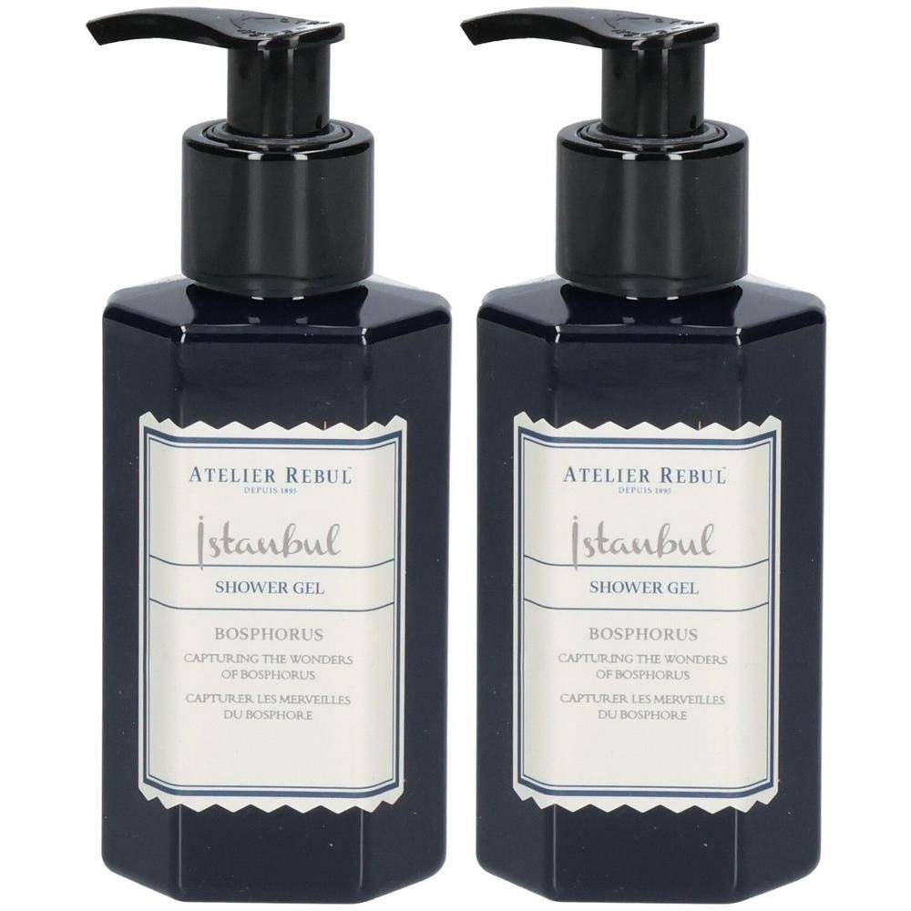 Deux flacons pompe bleu foncé de gel douche. Étiquette "Atelier Rebul Istanbul Bosphorus Shower Gel".