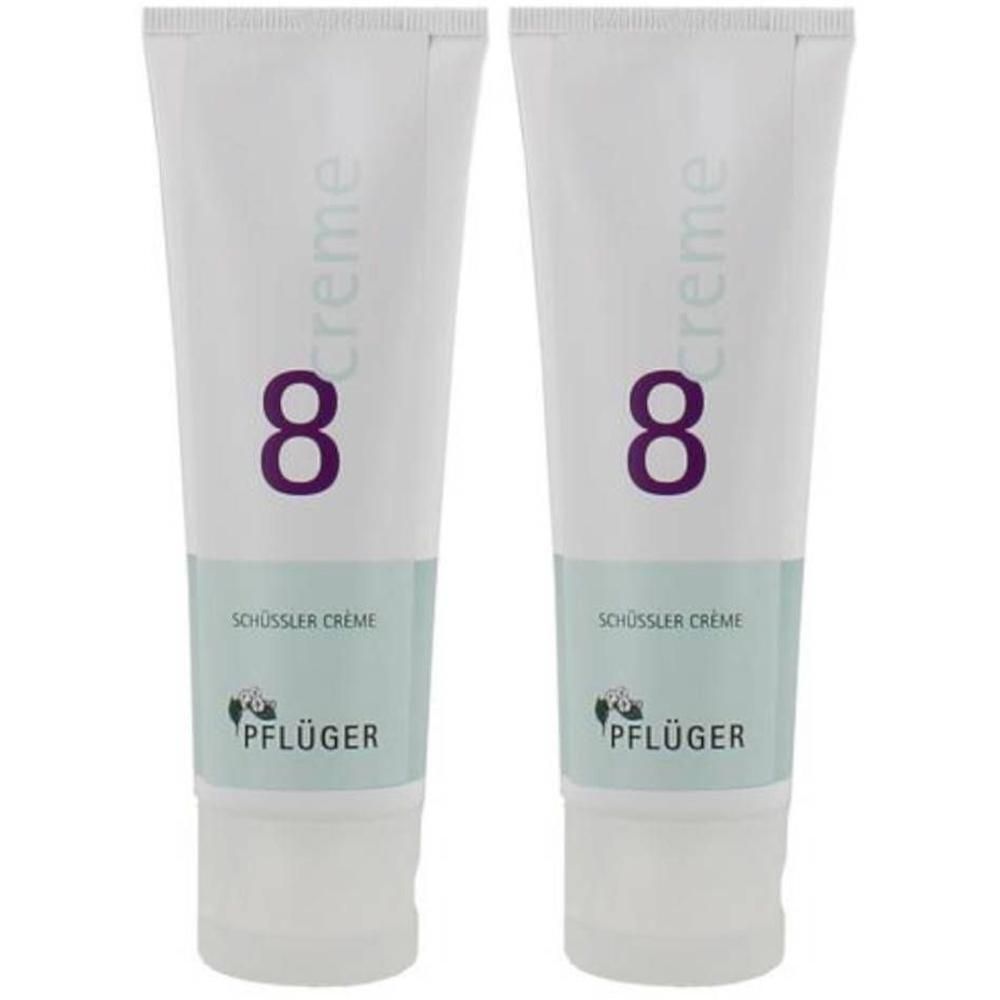 Deux tubes de Crème Schüssler N°8 de Pflüger. Tubes blancs avec un '8' violet et étiquettes vertes.