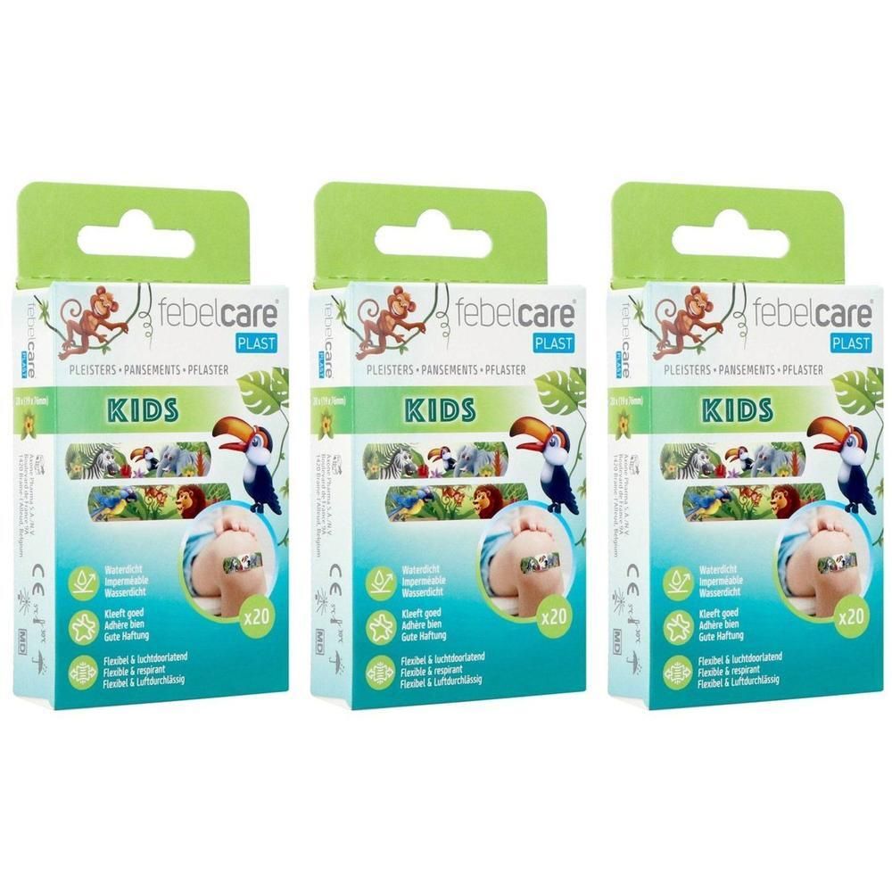 Trois paquets de pansements pour enfants avec motifs animaliers.