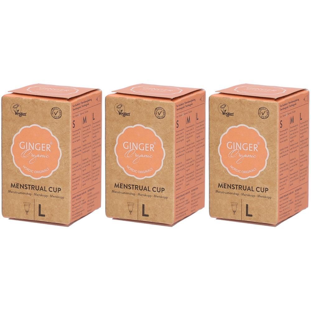Trois boîtes de coupe menstruelle Ginger Organic, taille L, sur emballage cartonné.