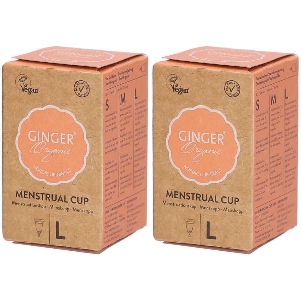 Deux boîtes de coupe menstruelle Ginger Organic, taille L, sur fond cartonné brun.