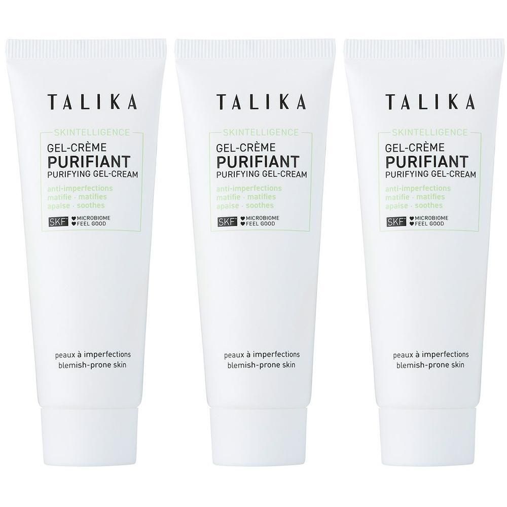 Trois tubes blancs de Talika Skin Intelligence Gel-Crème Purifiant pour peaux à imperfections.