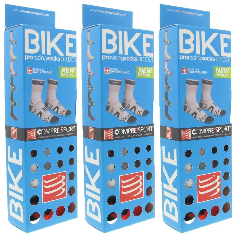 Chaussettes Compressport Bike Bleues/Rouges, Taille 2. Emballage montrant des chaussettes avec technologie 3D.DOT.