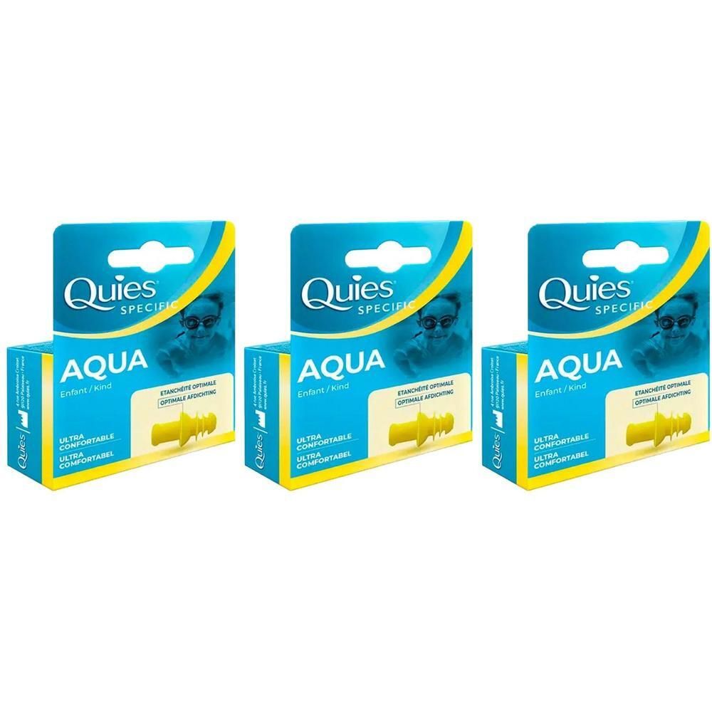 Trois paquets de protections auditives Quies Aqua pour enfants. Bouchons d'oreilles jaunes visibles.