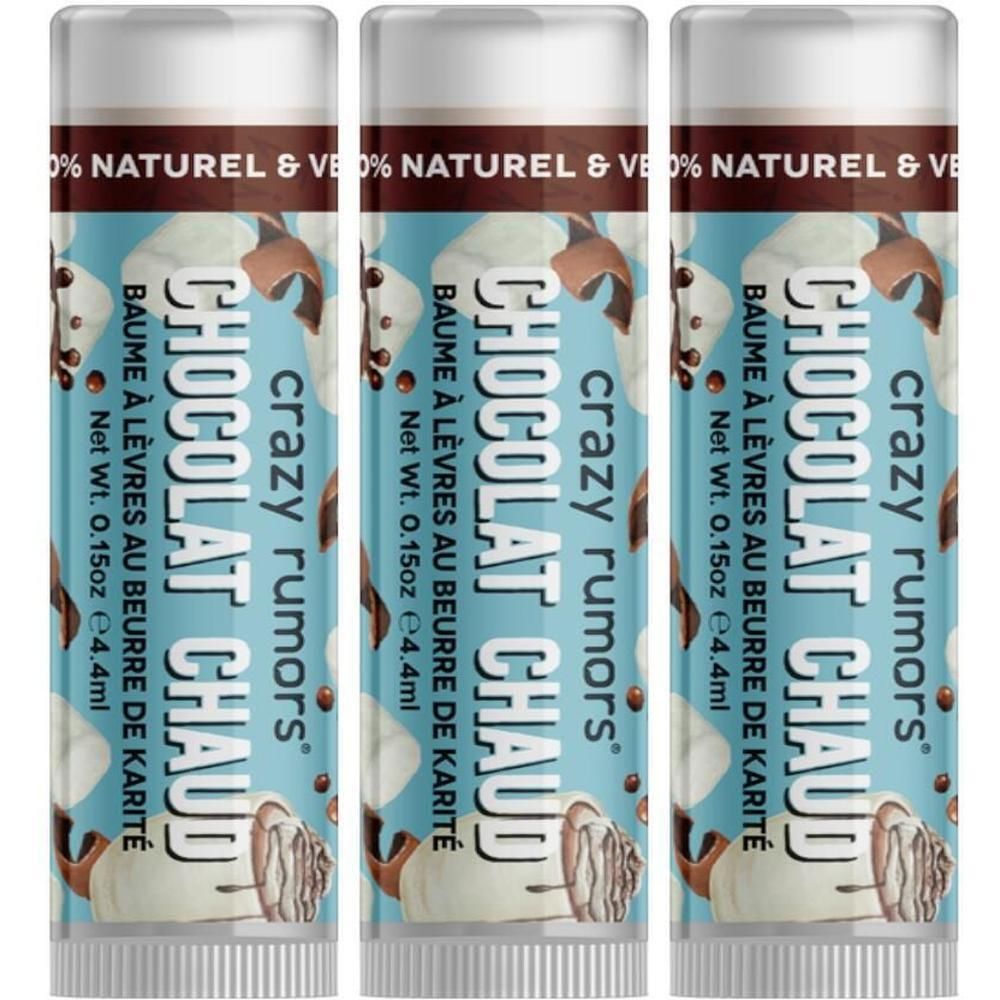 Drie Crazy Rumors lippenbalsems met chocoladethema en opschrift 'Chocolat Chaud'.