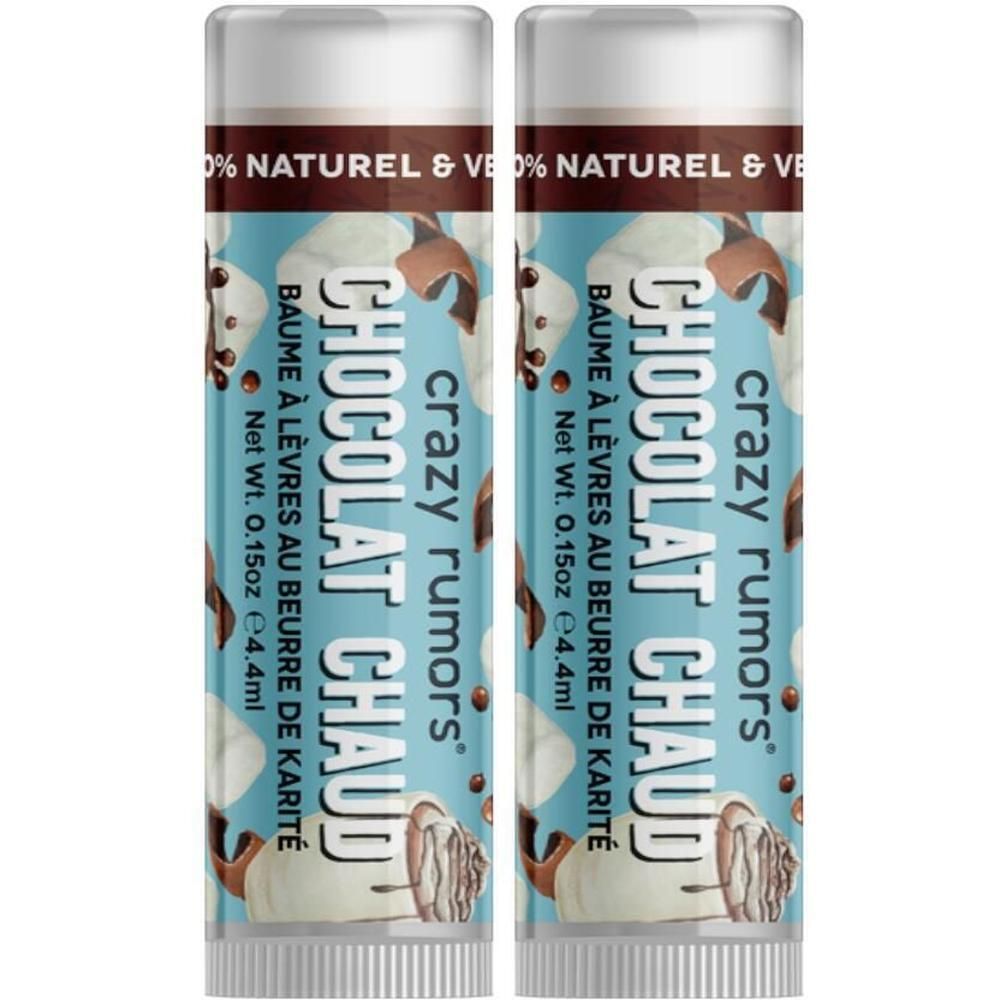 Twee lippenbalsemverpakkingen met chocoladepatroon. "Crazy Rumors Chocolat Chaud" staat op elke verpakking.