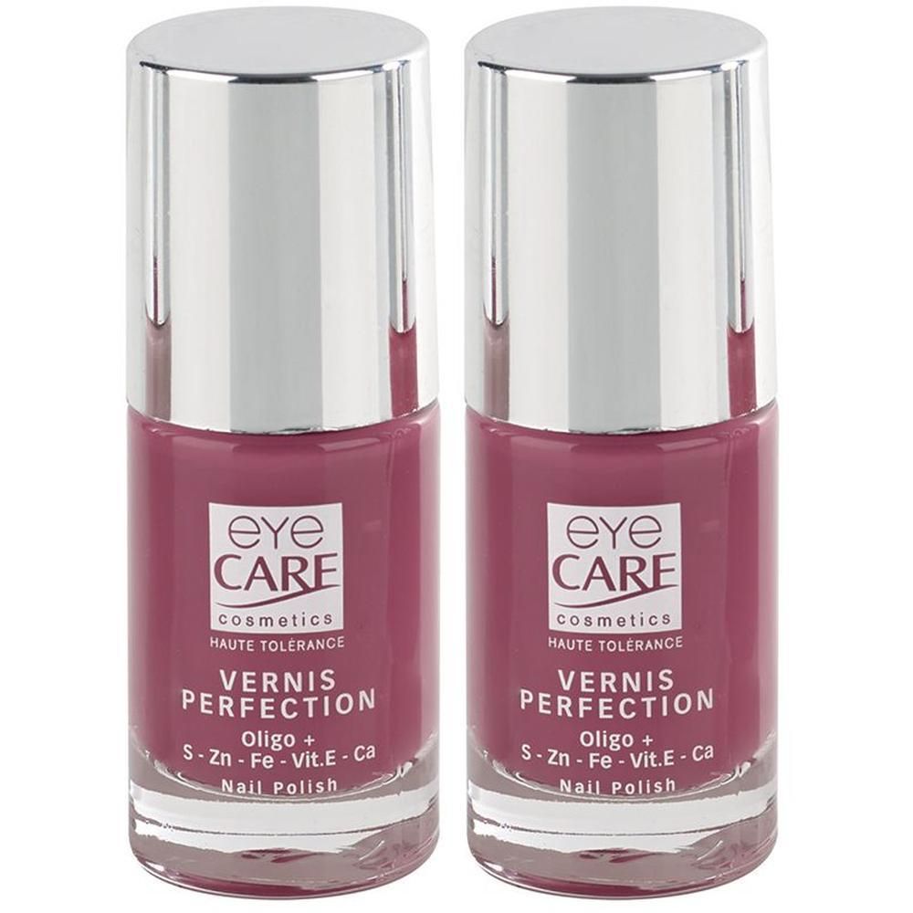 Twee flacons Eye Care nagellak, "Vernis Perfection Oligo+" in een roze tint.