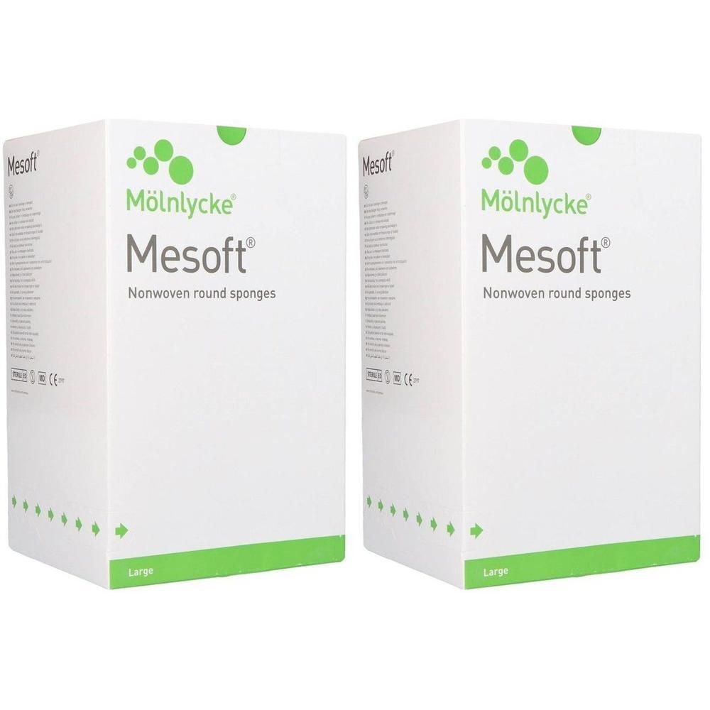 Twee verpakkingen Mesoft® non-woven ronde tampons, maat Large.