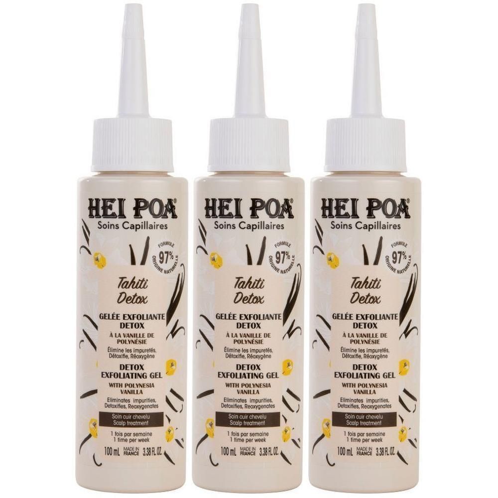 Trois flacons de Hei Poa Tahiti Detox Gelée Exfoliante Detox avec motif vanille.