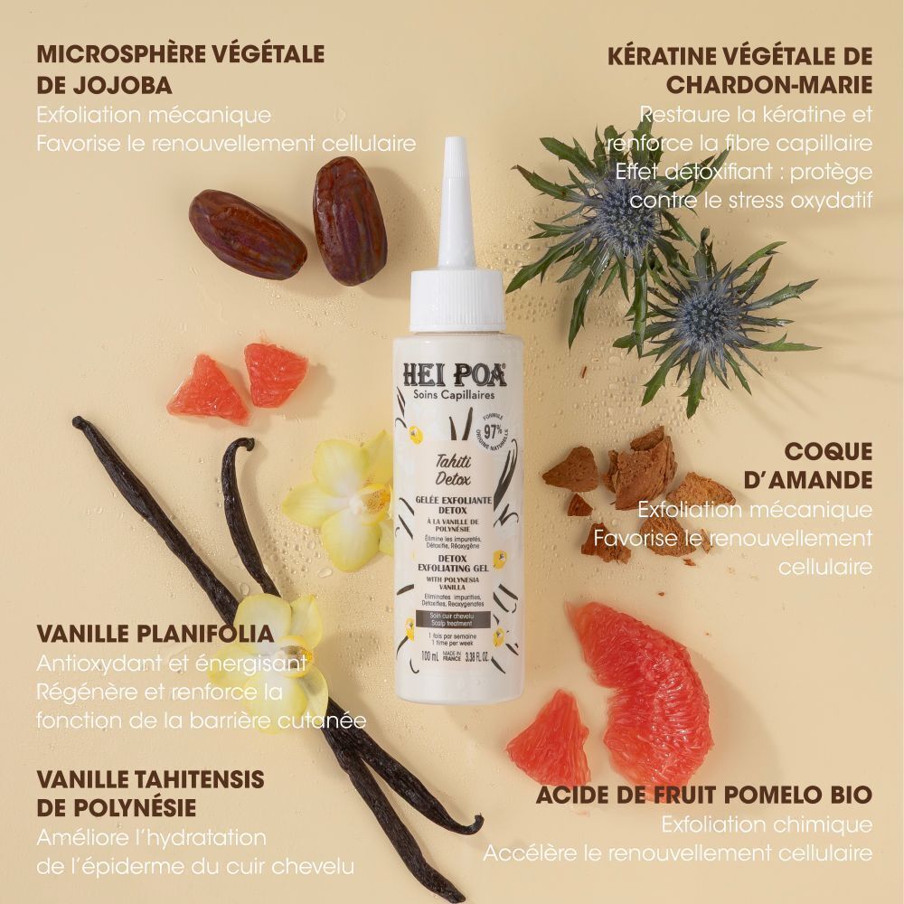 Flacon Hei Poa Tahiti Detox Gelée Exfoliante Detox avec ingrédients comme vanille et pamplemousse.