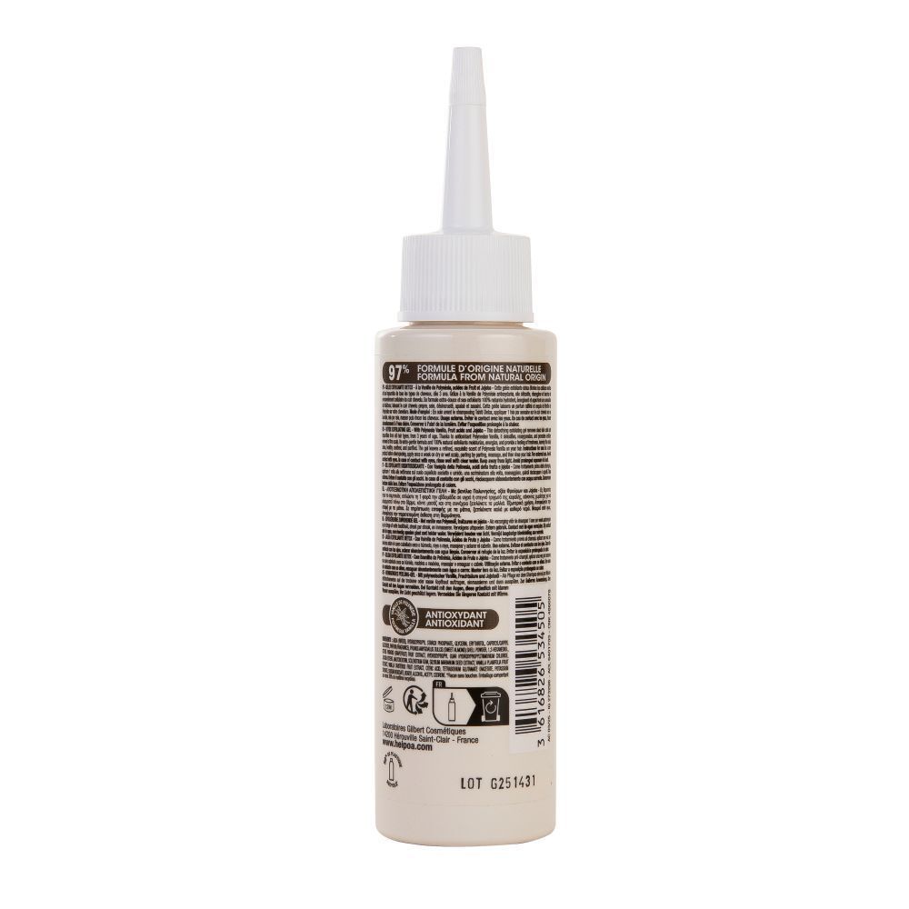 Arrière d'un flacon Hei Poa Tahiti Detox Gelée Exfoliante Detox avec ingrédients et instructions.