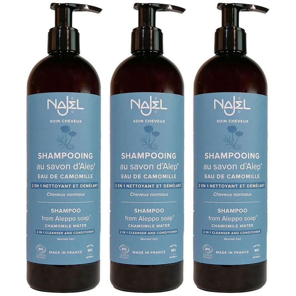 Drie Najel 2-in-1 shampooflessen met pompdosering. Blauwe etiketten met plantenmotief en productinformatie.