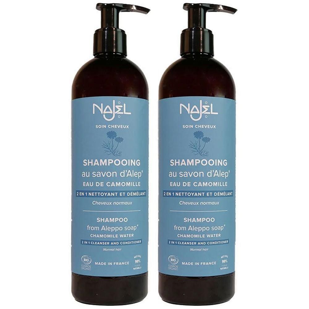 Twee Najel shampooflessen met pompdispensers. Blauwe etiketten met productinformatie en de merknaam Najel.