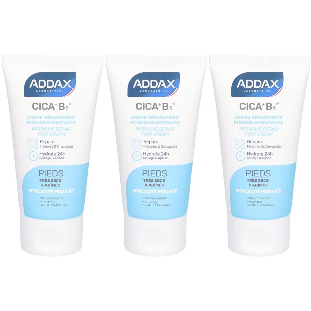 Drie tubes ADDAX Cica-B5 voetcrème voor intensieve reparatie van droge, beschadigde voeten.