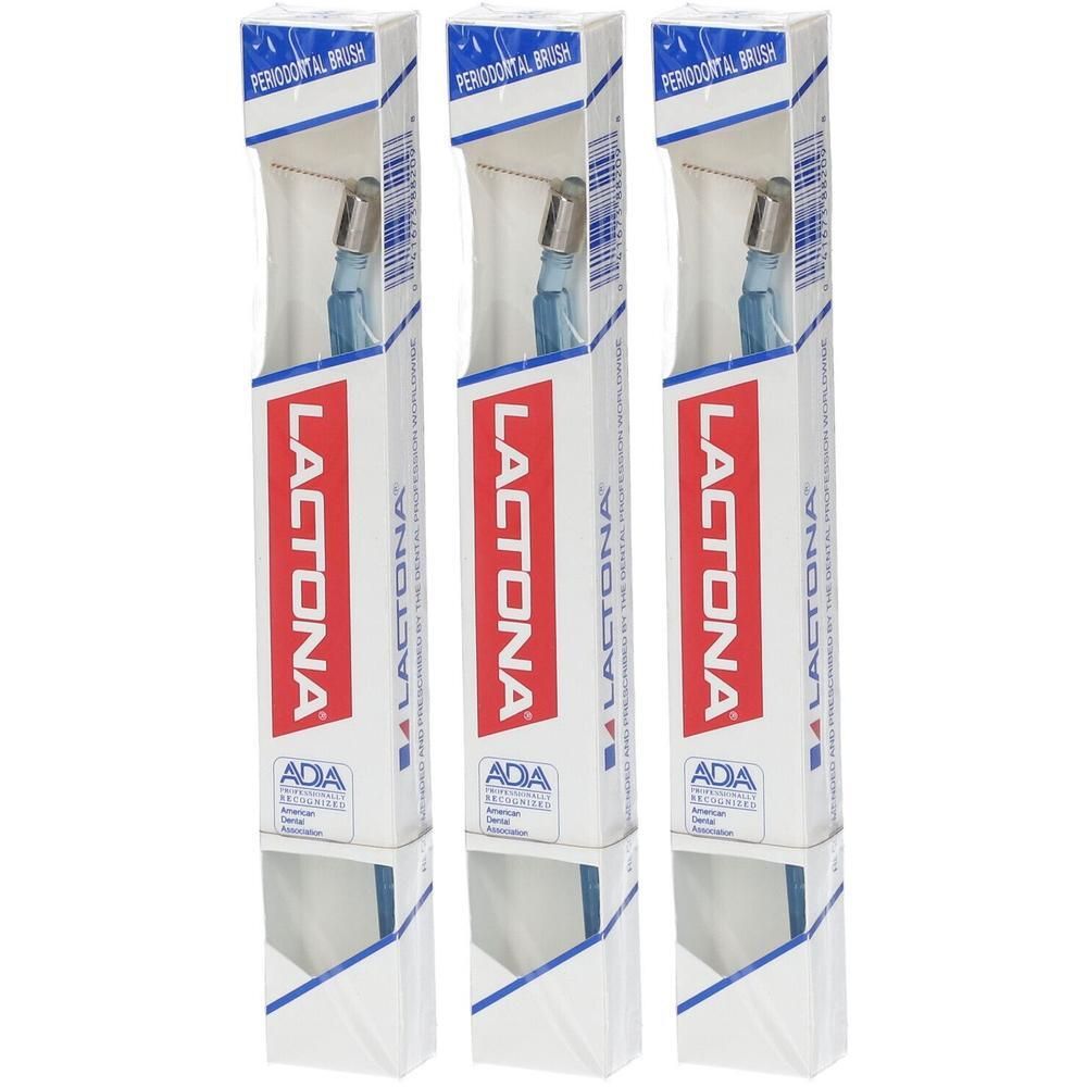 Drie Lactona Parodontale Borstels in wit-blauwe verpakkingen met rood logo.