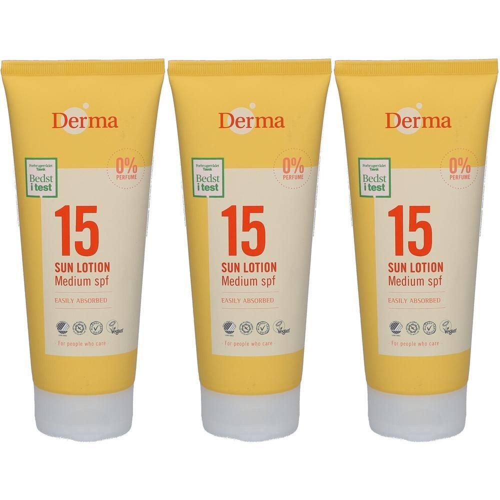 Drie tubes Derma Sun Lotion SPF 15. Gele tubes met witte dop.