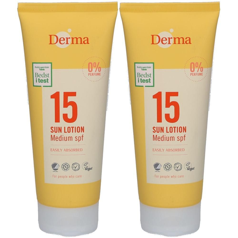 Twee tubes Derma Sun Lotion SPF 15, parfumvrij, gemakkelijk intrekbaar.