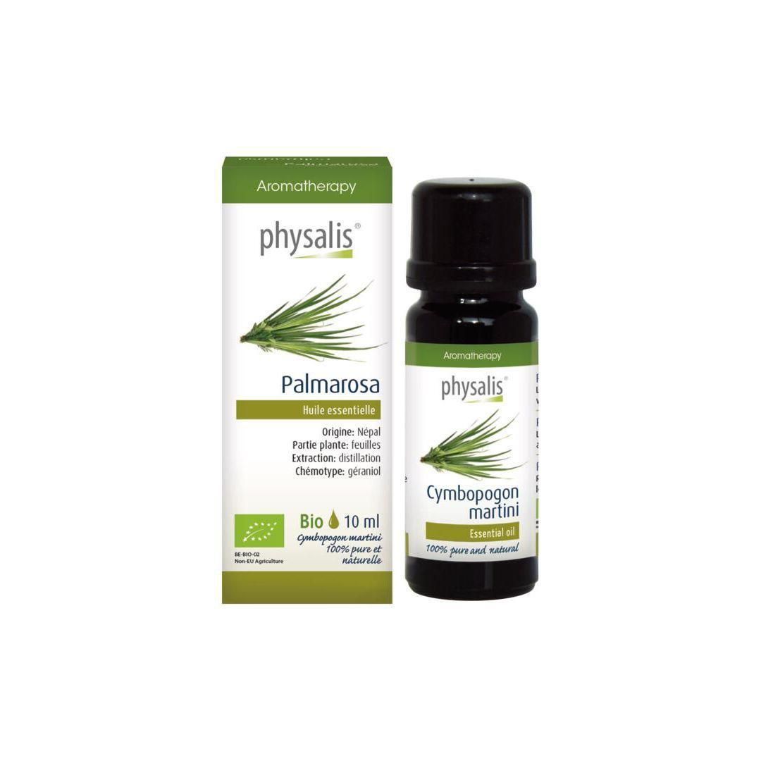 Huile essentielle Bio Palmarosa Physalis en flacon et boîte de 10 ml.