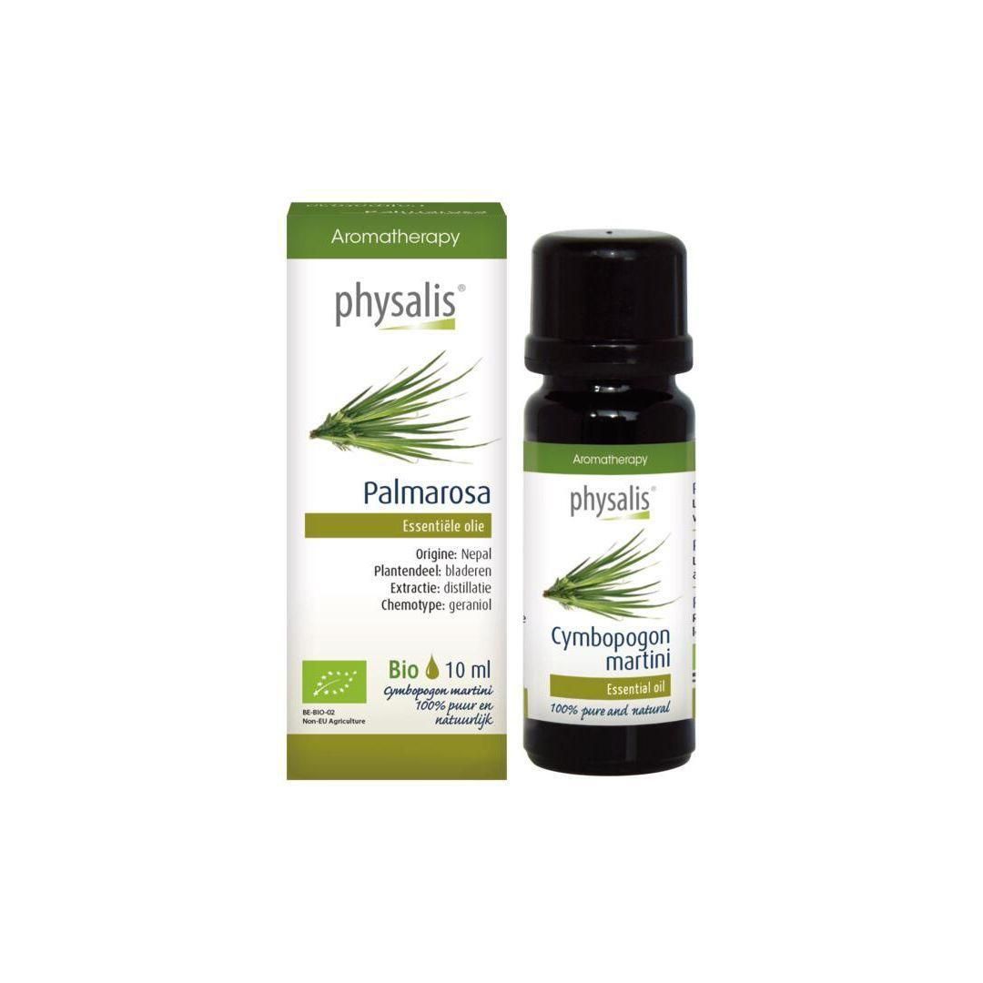 Physalis Palmarosa Bio etherische olie in flesje en doosje van 10 ml.