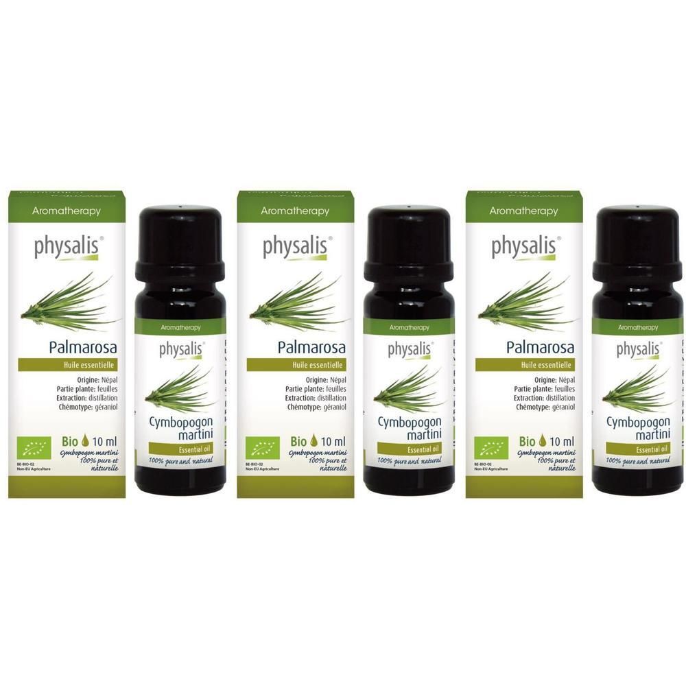 Cinq flacons d'huile essentielle Bio Physalis Palmarosa, 10 ml.