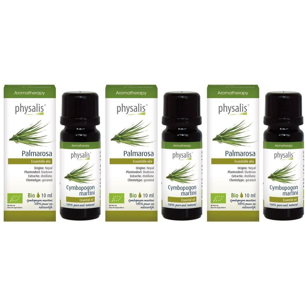 Vijf flesjes Physalis Palmarosa etherische olie Bio, 10 ml.